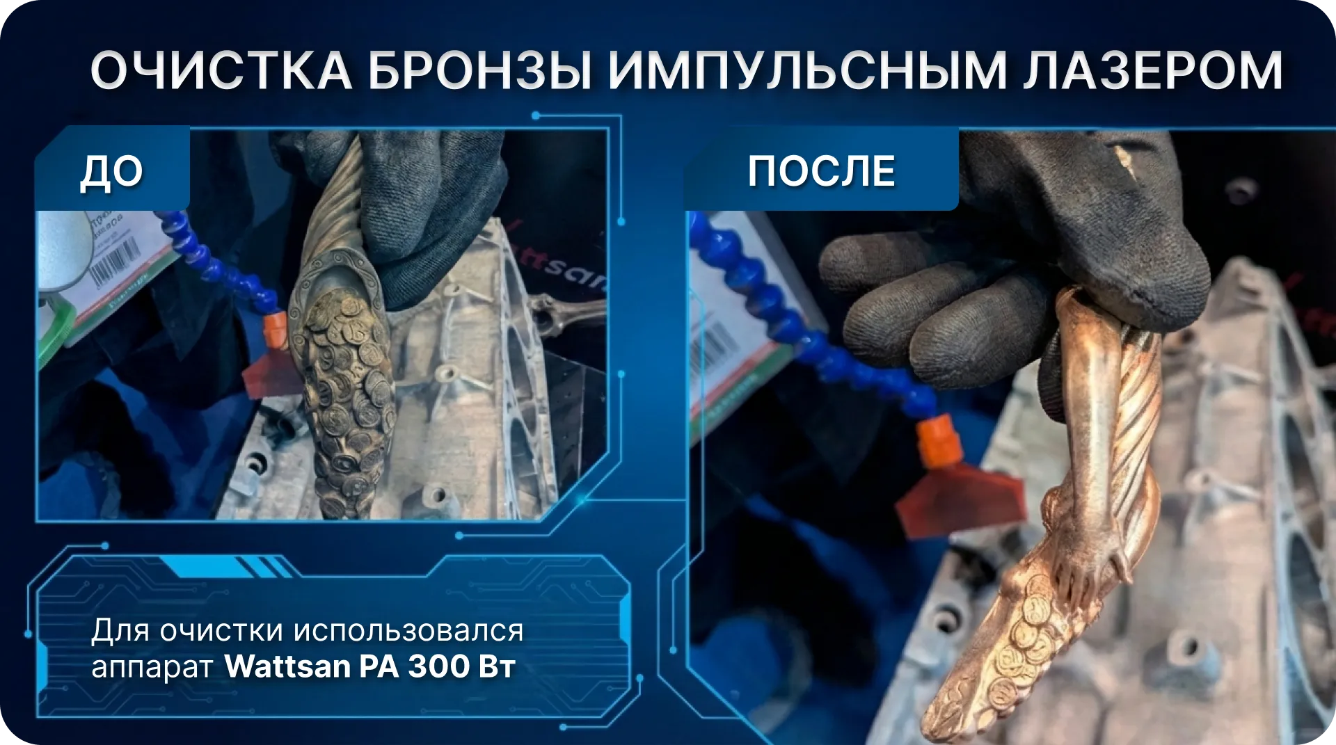 Инфографика до/после: лазерная очистка бронзы аппаратом Wattsan PA 300 Вт. Слева &mdash; налет, справа &mdash; чистый металл.