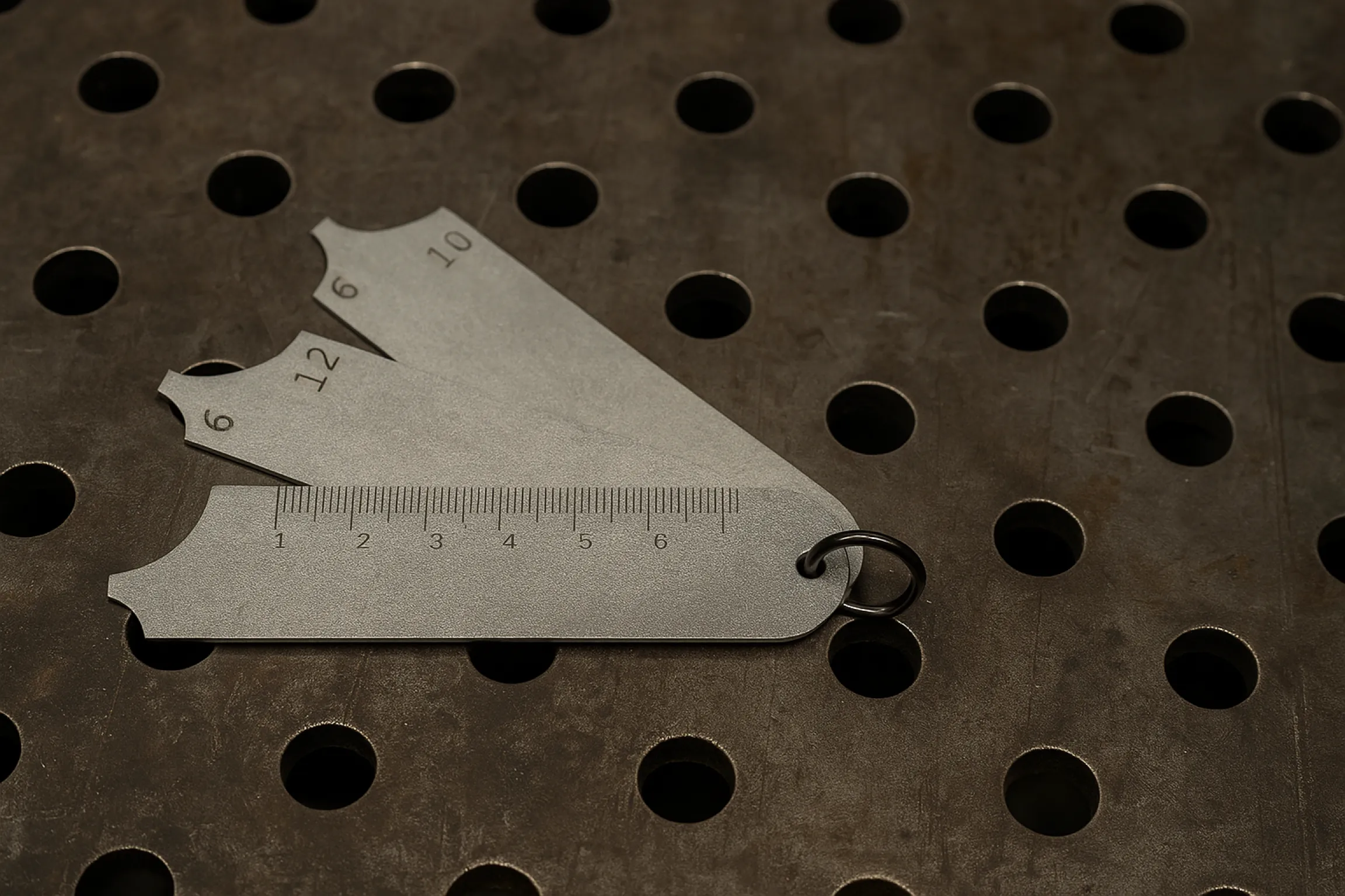 Измерительный инструмент УШС-2 лежит на сварочном столе с отверстиями