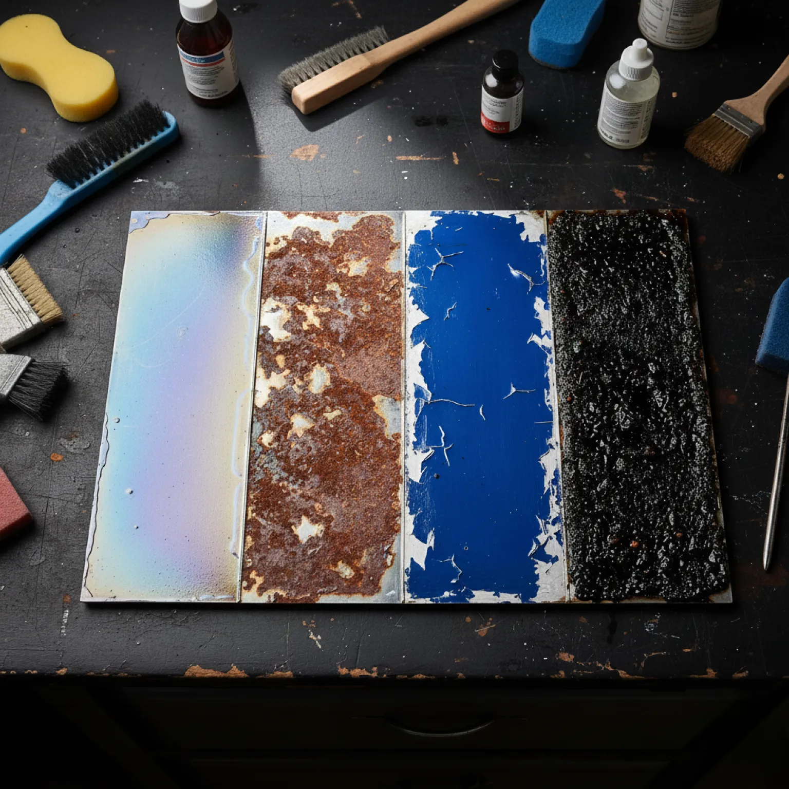 Металлическая пластина с четырьмя видами загрязнений: побежалость, ржавчина, облупившаяся синяя краска, толстый нагар