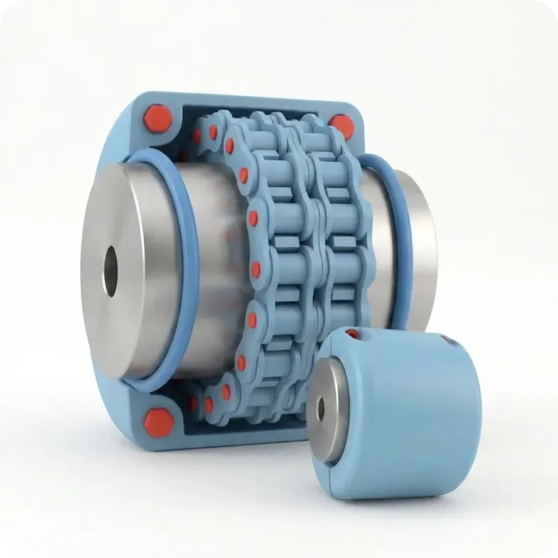 Техническая 3D-модель цепной муфты. конструкция с двойной роликовой цепью и защитным кожухом на чистом белом фоне. Справа изображен защитный кожух в сборе