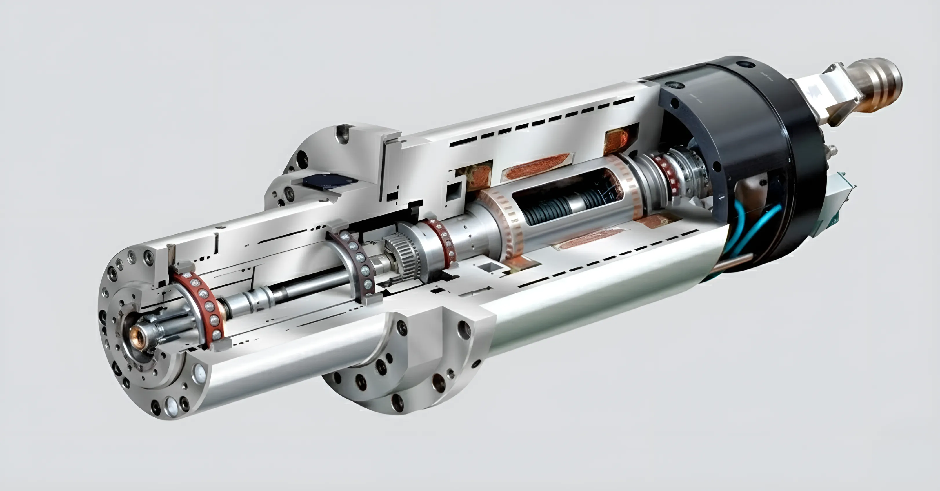 3D-разрез мотор-шпинделя: ротор, статор, шпиндель, подшипники, пружины, гидроцилиндр