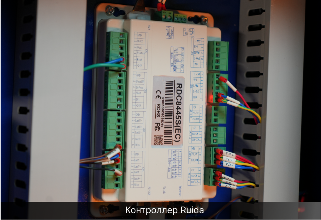 Материнская плата системы управления Ruida RDC8445S(EC) с подключенными шлейфами в блоке управления лазерным станком.