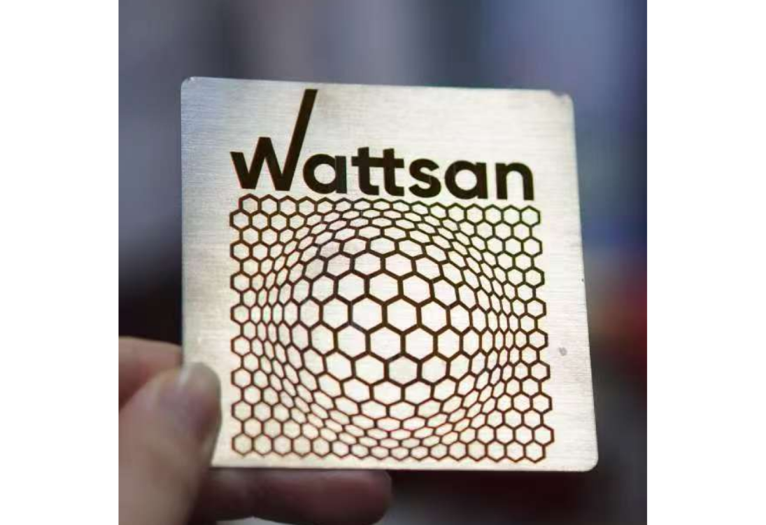 Рука держит металлическую карту с гравировкой "Wattson" и шестиугольным узором сот